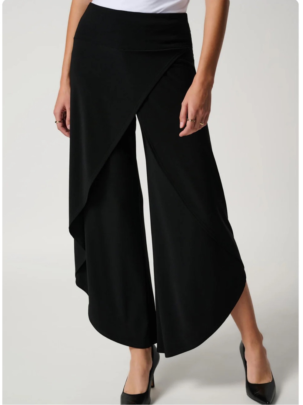 joseph ribkoff Black Stretch Pull On Classic Overlay Wide Leg Flowy Pant Sz 6